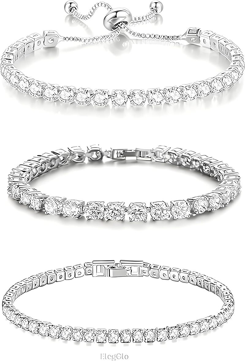 ElegGlo 14K Silver Plated Tennis Bracelet Set Cubic Zirconia Classic Adjustable Bracelet Silver Bracelets for Women Birthday Mother's Day Wedding Gift - Image 1